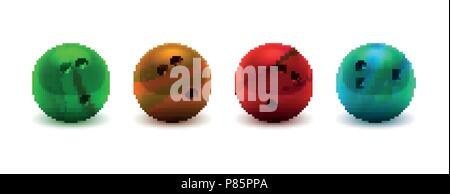 Illustrazione Vettoriale realistico colorato 3D viola, giallo, blu scuro, rosa palla da bowling set di grandi dimensioni. Isolato su un trasparente lo sfondo a scacchi. Elemento di design. EPS10 Illustrazione Vettoriale