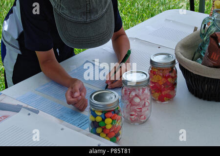 Asta silente tabella con la caramella vasetti di conteggio e kids indovinando contare Foto Stock