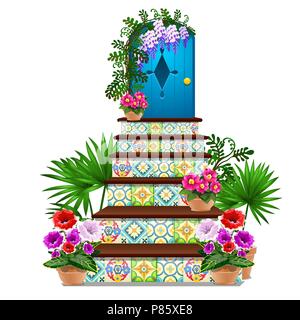 Decorazioni in forma di un blu porta di legno e passaggi piastrellata con multi-ornamenti colorati, fiori freschi in vasi isolati su sfondo bianco. Vector cartoon close-up illustrazione. Illustrazione Vettoriale