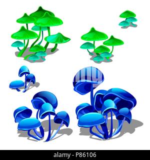 Impostare crescente al neon luminoso funghi isolati su sfondo bianco. Funghi allucinogeni. Vector cartoon close-up illustrazione. Illustrazione Vettoriale