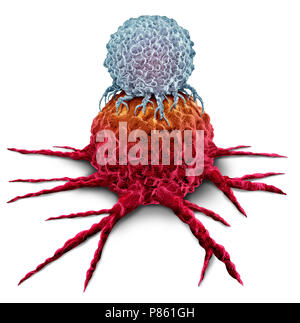 Cellula T che attacca un cancro tumore come immunoterapia sistema immunitario concetto di terapia come biomedici o biomedicina trattamento oncologico. Foto Stock