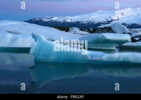 Ijsbergen en avondlicht bij Jokulsarlon; Iceberg e eveninglight a Jokulsarlon Foto Stock