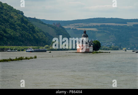 Il castello Pfalzgrafenstein Burg Pfalzgrafenstein sull isola Falkenau, il fiume Reno,Hesse, Germania. Giugno 2018. Il castello Pfalzgrafenstein Burg Pfalzgrafenste Foto Stock