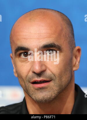 San Pietroburgo. 9 Luglio, 2018. Belgio del capo allenatore Roberto Martinez partecipa a una conferenza stampa prima del 2018 FIFA World Cup semi-finale tra la Francia e il Belgio a San Pietroburgo, Russia il 9 luglio 2018. Credito: Lu Jinbo/Xinhua/Alamy Live News Foto Stock