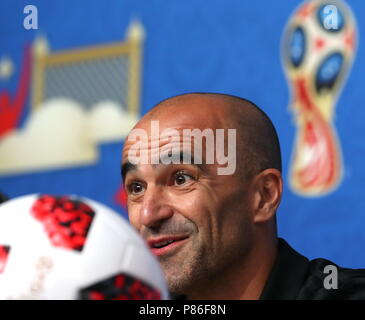 San Pietroburgo. 9 Luglio, 2018. Belgio del capo allenatore Roberto Martinez partecipa a una conferenza stampa prima del 2018 FIFA World Cup semi-finale tra la Francia e il Belgio a San Pietroburgo, Russia il 9 luglio 2018. Credito: Lu Jinbo/Xinhua/Alamy Live News Foto Stock