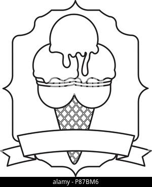 Gelato alla crema con tre scoop su cornice decorativa e il nastro e lo sfondo bianco, illustrazione vettoriale Illustrazione Vettoriale
