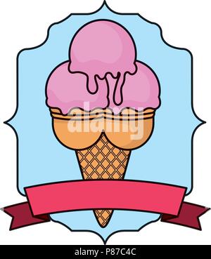 Gelato alla crema con tre scoop su cornice decorativa e il nastro e lo sfondo bianco, illustrazione vettoriale Illustrazione Vettoriale