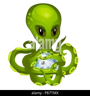 Cartoon verde alien octopus tenendo in tentacoli l'embrione pesce isolato su sfondo bianco. Vector cartoon close-up illustrazione. Illustrazione Vettoriale