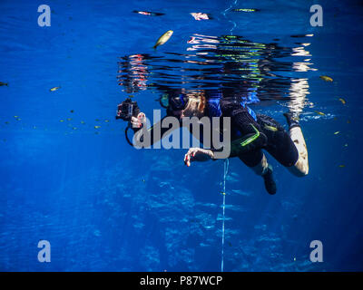 Praticare immersioni e snorkeling, misteriosa laguna, bellissima laguna trasparente di acqua turchese, situato nella città di Bonito, Mato Grosso Foto Stock