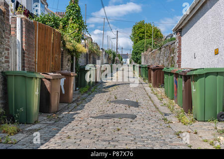 Una fila di contenitori dei rifiuti sono schierati pronti per la raccolta in una parte posteriore backstreet nella città di Plymouth, Devon. Foto Stock