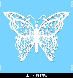 Vettore, farfalla bianca su sfondo blu. Taglio Laser Illustrazione Vettoriale