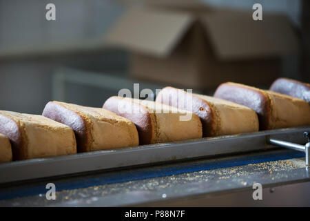 Una linea di produzione per la produzione di pane. Il pane su un nastro trasportatore Foto Stock