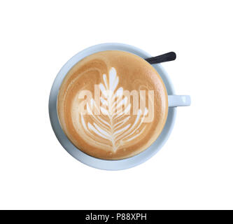 Tazza di latte art caffè con schiuma isolato su bianco, vista dall'alto Foto Stock