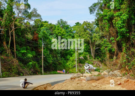 Lavoratori edili provenienti dal Myanmar sono la costruzione di nuove strade attraverso la giungla che copre le montagne dell'isola thailandese di Koh Phangan, Thailandia Foto Stock