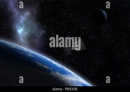Veicolo spaziale battenti vicino al pianeta sconosciuto. Esplorazione dello spazio. 3d'illustrazione. Foto Stock