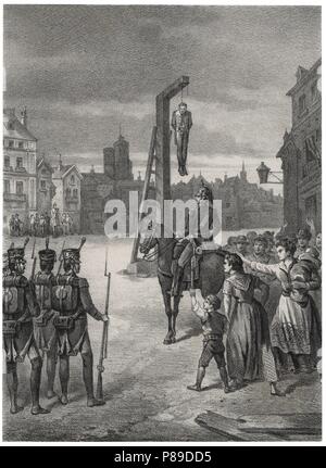 Historia de España. Ejecución del generale Rafael del Riego Flórez (1784-1823) en Madrid tras la restauración del absolutismo de Fernando VII. Grabado de 1880. Foto Stock