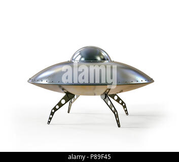 Flying Saucer metallo isolato su sfondo bianco. Foto Stock