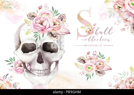 Acquerello umano cranio con bouquet floreali. Capo vintage helloween illustrazione. Retrò tattoo morte design disegno retrò Foto Stock