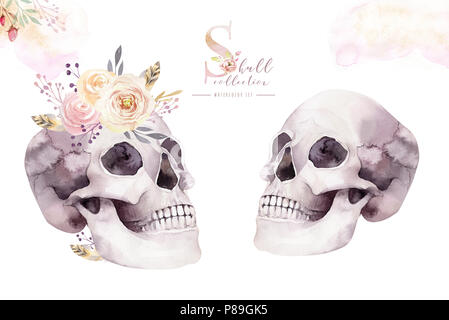 Acquerello umano cranio con bouquet floreali. Capo vintage helloween illustrazione. Retrò tattoo morte design disegno retrò Foto Stock