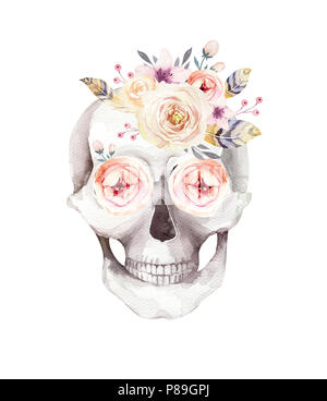 Acquerello umano cranio con bouquet floreali. Capo vintage helloween illustrazione. Retrò tattoo morte design disegno retrò Foto Stock