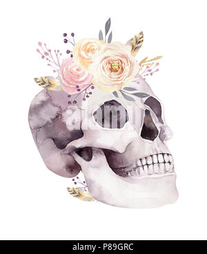Acquerello umano cranio con bouquet floreali. Capo vintage helloween illustrazione. Retrò tattoo morte design disegno retrò Foto Stock