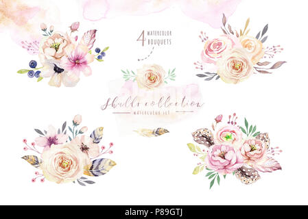 Acquerello umano cranio con bouquet floreali. Capo vintage helloween illustrazione. Retrò tattoo morte design disegno retrò Foto Stock