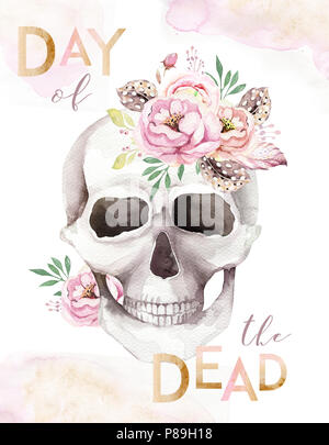 Acquerello umano cranio con bouquet floreali. Capo vintage helloween illustrazione. Retrò tattoo morte design disegno retrò Foto Stock
