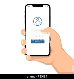 Brutale mano umana tenendo lo smartphone con il segno in applicazione dell'interfaccia utente in stile piatto illustrazione. Illustrazione Vettoriale