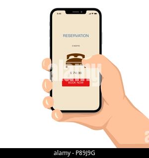 Brutale mano umana tenendo smartphone con prenotazione albergo ui dell'applicazione stile piatto illustrazione. Illustrazione Vettoriale