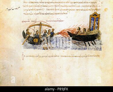 Fuoco greco. Miniatura di Madrid Skylitzes. Museo: Biblioteca Nacional, Madrid. Foto Stock