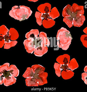 Acquerello seamless pattern con rosso papavero di piccole dimensioni su nero Foto Stock
