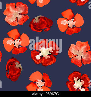 Acquerello seamless pattern con rosso papavero di piccole dimensioni su blu scuro Foto Stock