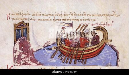 Thomas slavo fugge al arabi (miniatura di Madrid Skylitzes). Museo: Biblioteca Nacional, Madrid. Foto Stock