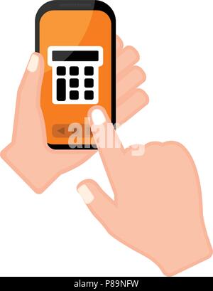 Mano che tiene uno smartphone con una calcolatrice Illustrazione Vettoriale