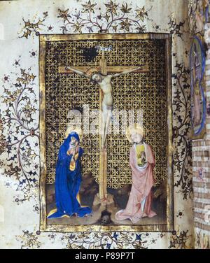 Libro de horas de Santa Clara de Bernat Martorell. Crucifixión. C. 1430-1435. Temple sobre vitela. Procedente del Convento de Santa Clara de Barcelona. Arxiu Històric de la Ciutat de Barcelona. Foto Stock