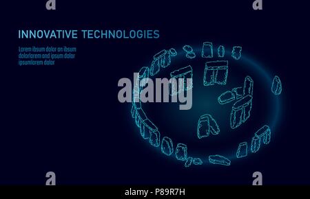 Stonehenge bassa poli banner geometrici. Solstizio d estate calcoli storico analisi scienza poligonale tecnologia. Wireframe blu pietra architettura Viaggi turismo Inghilterra illustrazione vettoriale Illustrazione Vettoriale