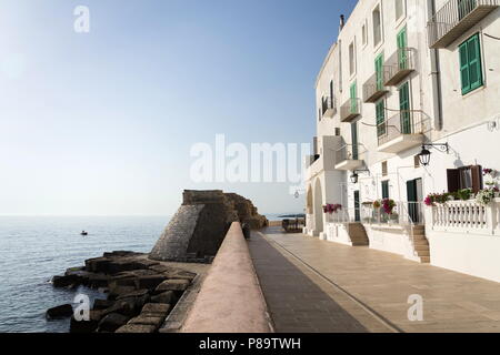 Lungomare promede con mura di fortificazione rimane a Monopoli, Puglia, Italia Foto Stock