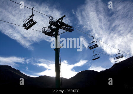 Inquadratura ad angolo basso di una funivia con colline sullo sfondo sotto un cielo blu Foto Stock