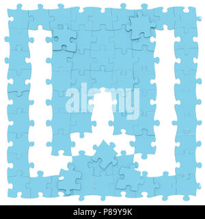 Puzzle di colore blu assemblato come la lettera maiuscola W su sfondo bianco, puzzle lettere possono essere collegati senza soluzione di continuità lungo le frontiere, 3D reso fon Foto Stock