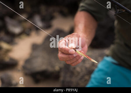 Fisherman tenendo la pesca Foto Stock