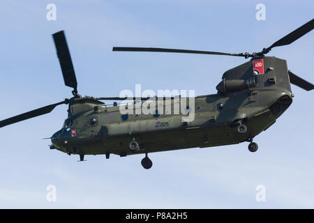 Boeing Chinook trasporto militare elicottero della Royal Air Force che lo usano per fornire battlefield airlift delle attrezzature e del personale Foto Stock