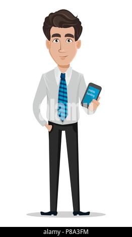 Business man in ufficio stile vestiti. Imprenditore, banchiere, manager, personaggio dei fumetti tenendo lo smartphone. Illustrazione Vettoriale Illustrazione Vettoriale