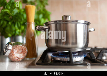 Cucinare gli spaghetti in una pentola Foto Stock