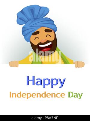 Felice Giorno Di Indipendenza in India. Biglietto di auguri, opuscolo o poster con sorridente uomo Sikh in piedi dietro il banner con i messaggi di saluto. Illustrazione Vettoriale Illustrazione Vettoriale