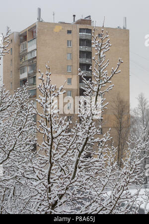 Domestico alto edificio su uno sfondo coperto con uno spesso strato di neve, legno . Per il vostro design Foto Stock