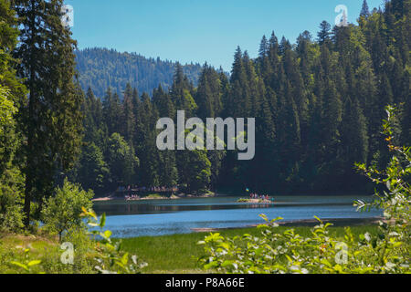 I turisti su una piccola isola con un flag che fluttua nel mezzo di un lago di montagna circondato da un alto e la fitta foresta. . Per il vostro design Foto Stock