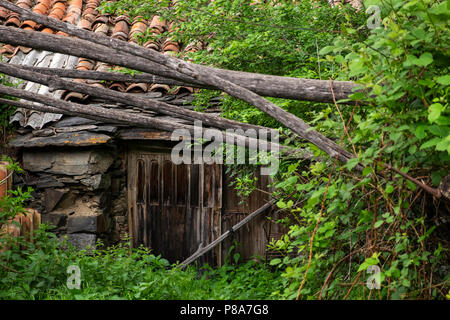 Antica fattoria di edifici e fienili, Liebro dei Pirenei catalani, Spagna Foto Stock