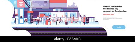 Donna Uomo in attesa treno stazione ferroviaria di passeggeri della metropolitana piatto interno banner spazio copia illustrazione vettoriale Illustrazione Vettoriale