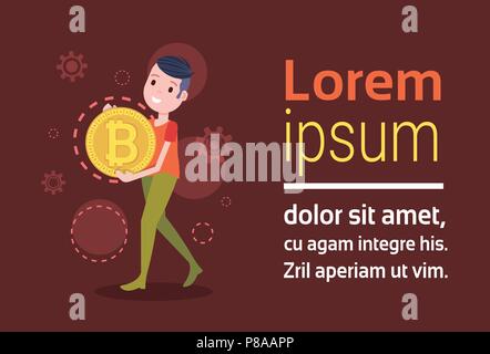 Uomo sorridente carattere holding bitcoin mining crypto cambio modello per un lavoro di progettazione o di animazione su sfondo rosso a piena lunghezza copia spazio piatto orizzontale Illustrazione Vettoriale