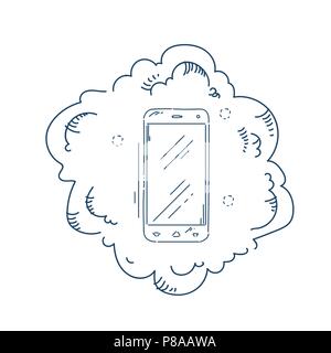 Smartphone applicazioni mobile concetto su sfondo bianco schizzo doodle Illustrazione Vettoriale